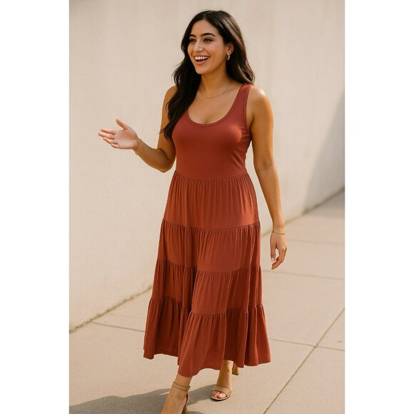 Soft Surroundings Sleeveless Tiered Dress Womens Medium Cotton Blend Rust - Picture 1 of 9